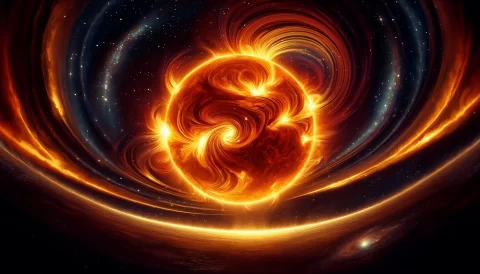 DALL·E 2024-05-14 23.27.54 - A vivid representation of a solar storm in a landscape format. The image features an expansive view of the sun, radiating intense, swirling colors of