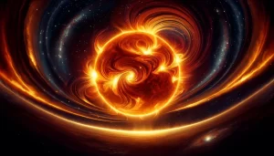 DALL·E 2024-05-14 23.27.54 - A vivid representation of a solar storm in a landscape format. The image features an expansive view of the sun, radiating intense, swirling colors of