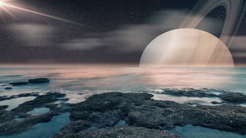 Saturn planet and Titan moon in the solar system
