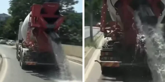 İstanbul’da Hafriyat Kamyonu Yola Betonlu Su Döktü